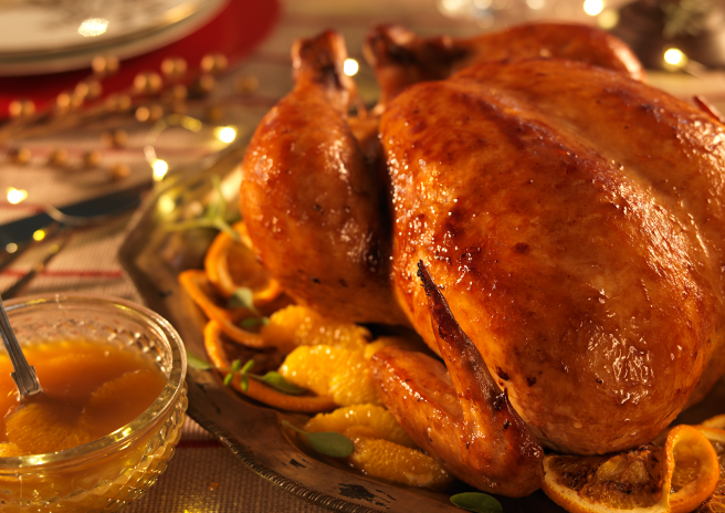 Chester assado ao molho de Laranja, melado de cana e especiarias